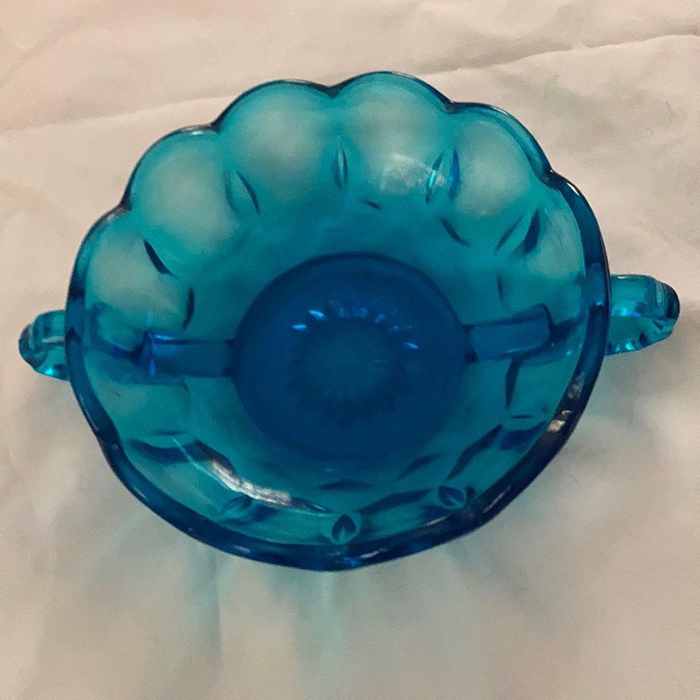 Blue Glass Nappy Bowl Anchor Hocking  Fairfield Double Handle 70's 5”W 2”T